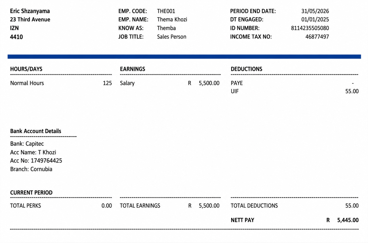 Payroll support — example payslip